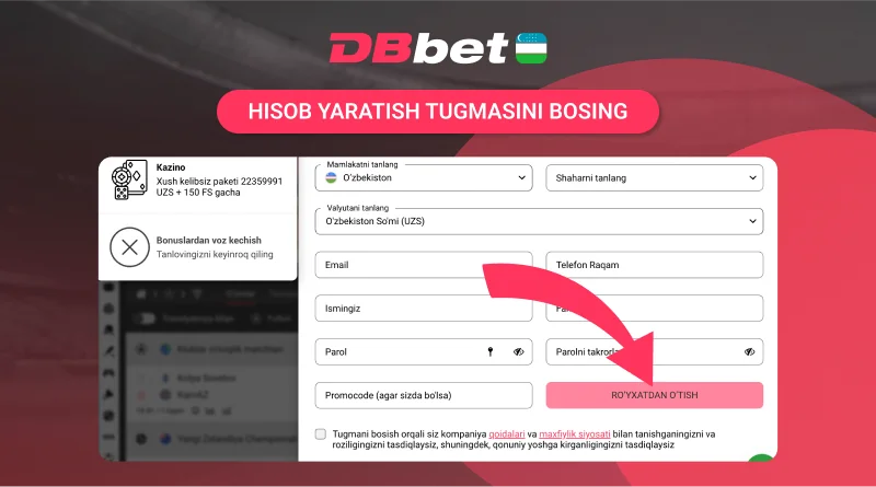 DBbet hisob yaratish tugmasi