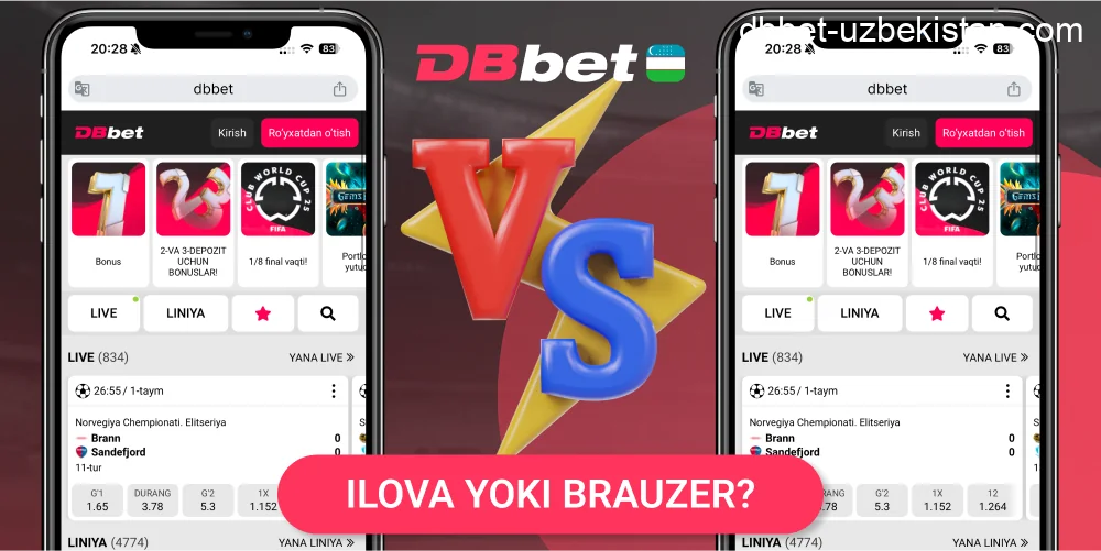 DBbet ilova va brauzer solishtiruv